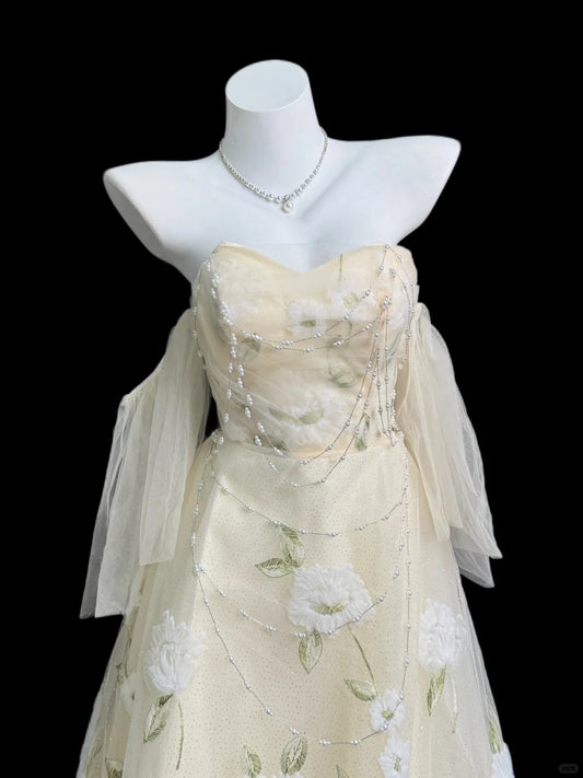 Sweet Pastel Yellow A-Line Sweetheart Beading Embroidery Tulle Dress Prom Evening Dress L194