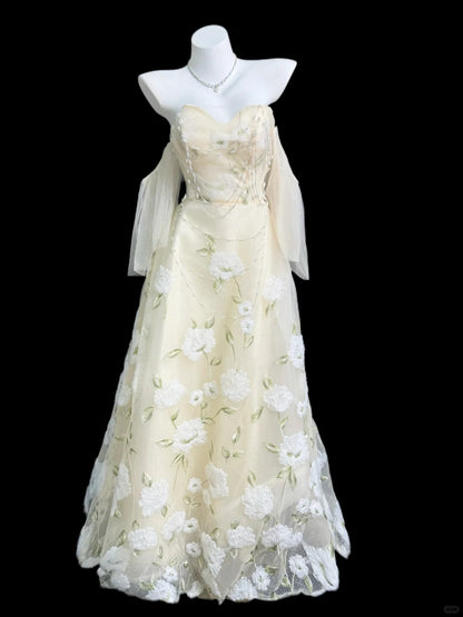Sweet Pastel Yellow A-Line Sweetheart Beading Embroidery Tulle Dress Prom Evening Dress L194