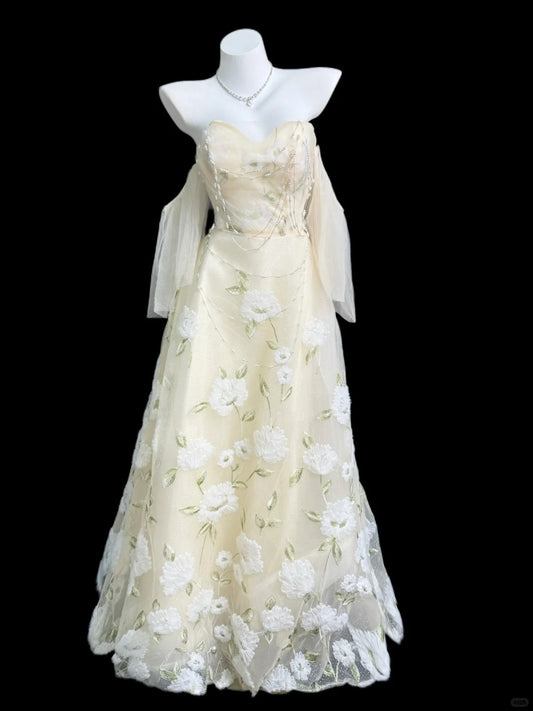 Sweet Pastel Yellow A-Line Sweetheart Beading Embroidery Tulle Dress Prom Evening Dress L194