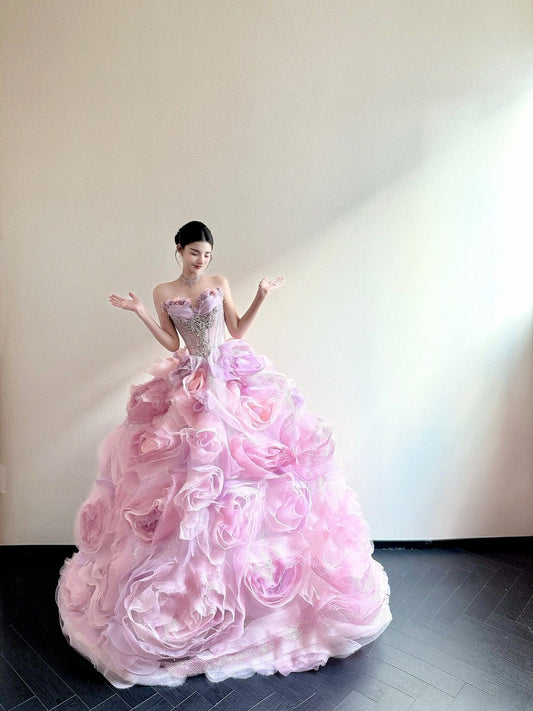 Sweet Pink Ball Gown Sweetheart Rhinestone Beaded Appliques Tulle Quinceanera Dress 16 L196