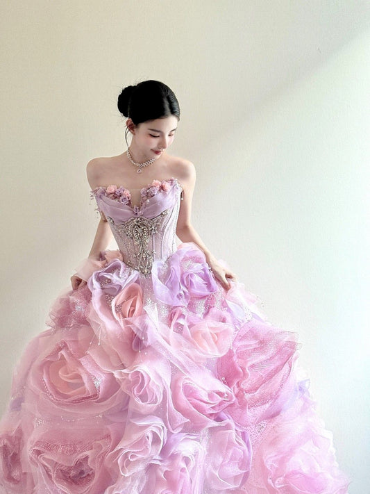 Sweet Pink Ball Gown Sweetheart Rhinestone Beaded Appliques Tulle Quinceanera Dress 16 L196