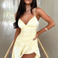 Chic Pastel Yellow Spaghetti Strap Ruched Ruched Satin Dress Prom Evening Dress L198
