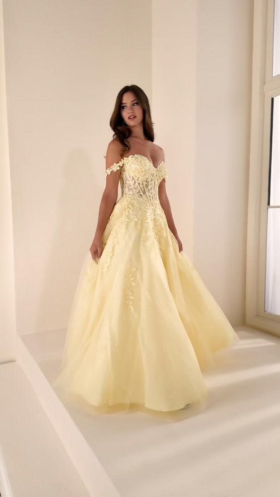 Pretty Pastel Yellow A-Line Off-The-Shoulder Appliques Corset Tulle Dress Prom Evening Dress L199