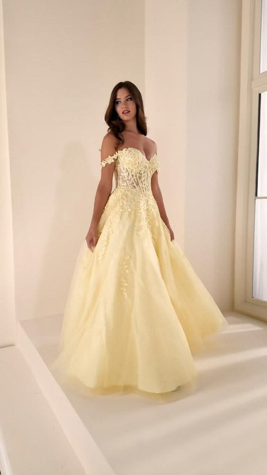 Pretty Pastel Yellow A-Line Off-The-Shoulder Appliques Corset Tulle Dress Prom Evening Dress L199