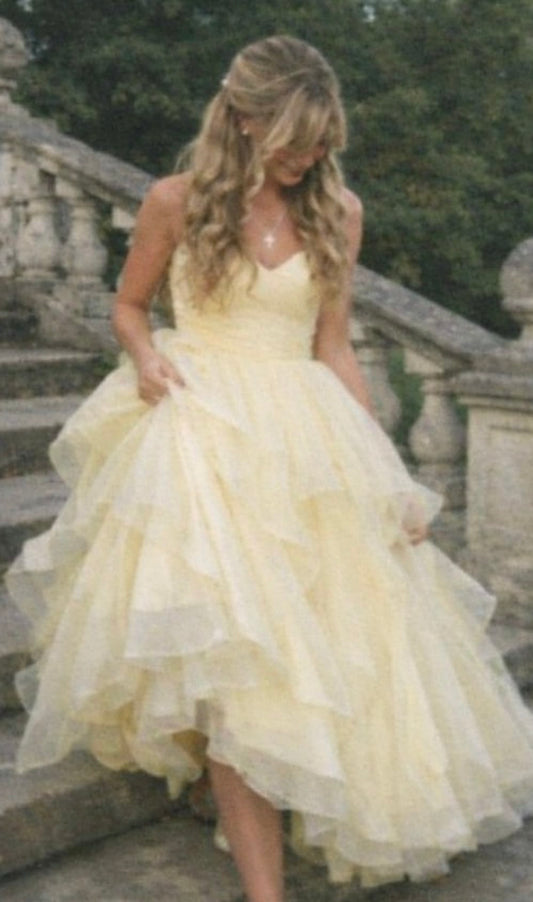 Elegant Pastel Yellow Ball Gown Sweetheart Tiered Ruffled Tulle Dress Prom Evening Dress L200