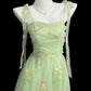 Fairy Green A-Line Spaghetti Strap Floral Appliques Tulle Dress Prom Evening Dress L201