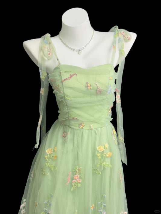 Fairy Green A-Line Spaghetti Strap Floral Appliques Tulle Dress Prom Evening Dress L201
