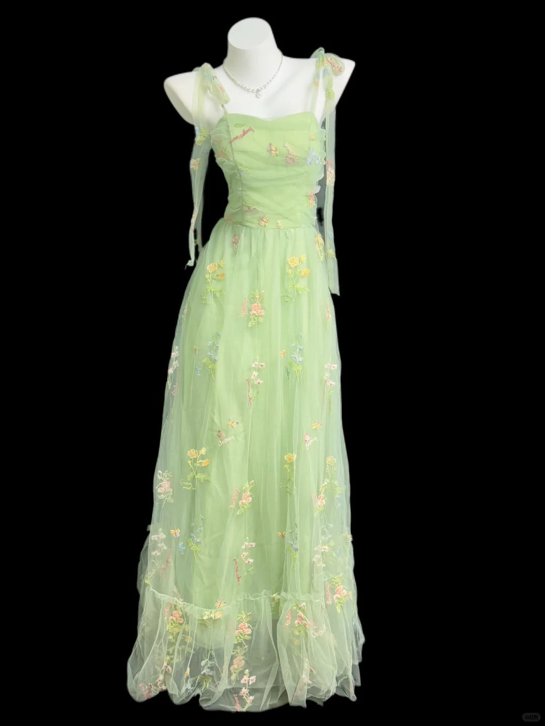 Fairy Green A-Line Spaghetti Strap Floral Appliques Tulle Dress Prom Evening Dress L201