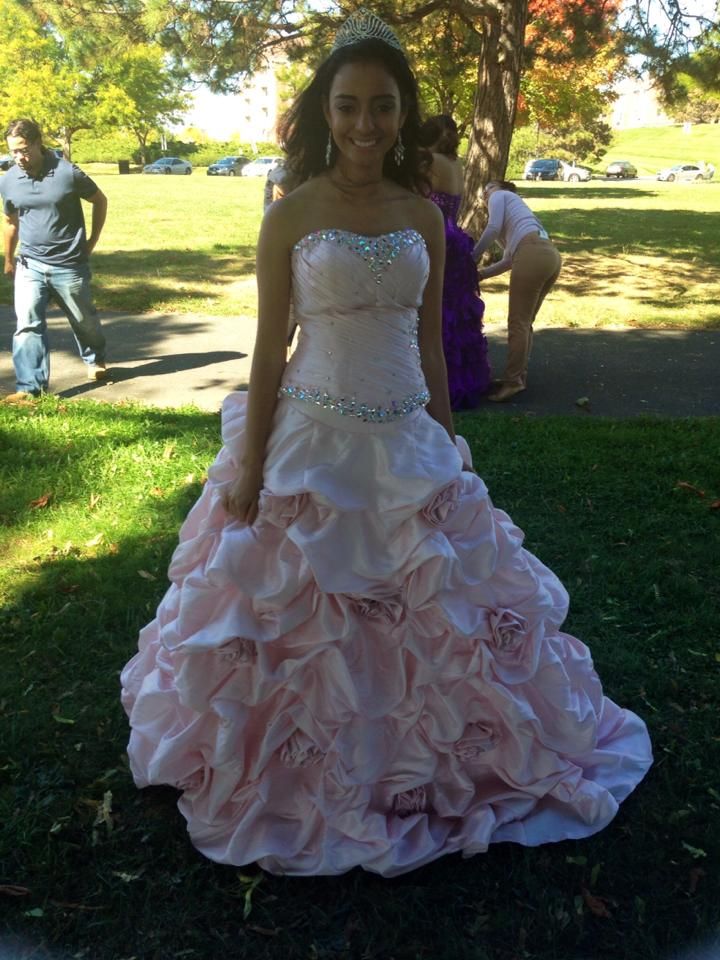Princess Pink Ball Gown Strapless Rhinestone Beaded Floral Satin Dress  Quinceanera Dress 16 L202