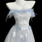Pretty Light Blue A-Line Strapless Floral Lace Beaded Appliques Tulle Dress Prom Evening Dress L203