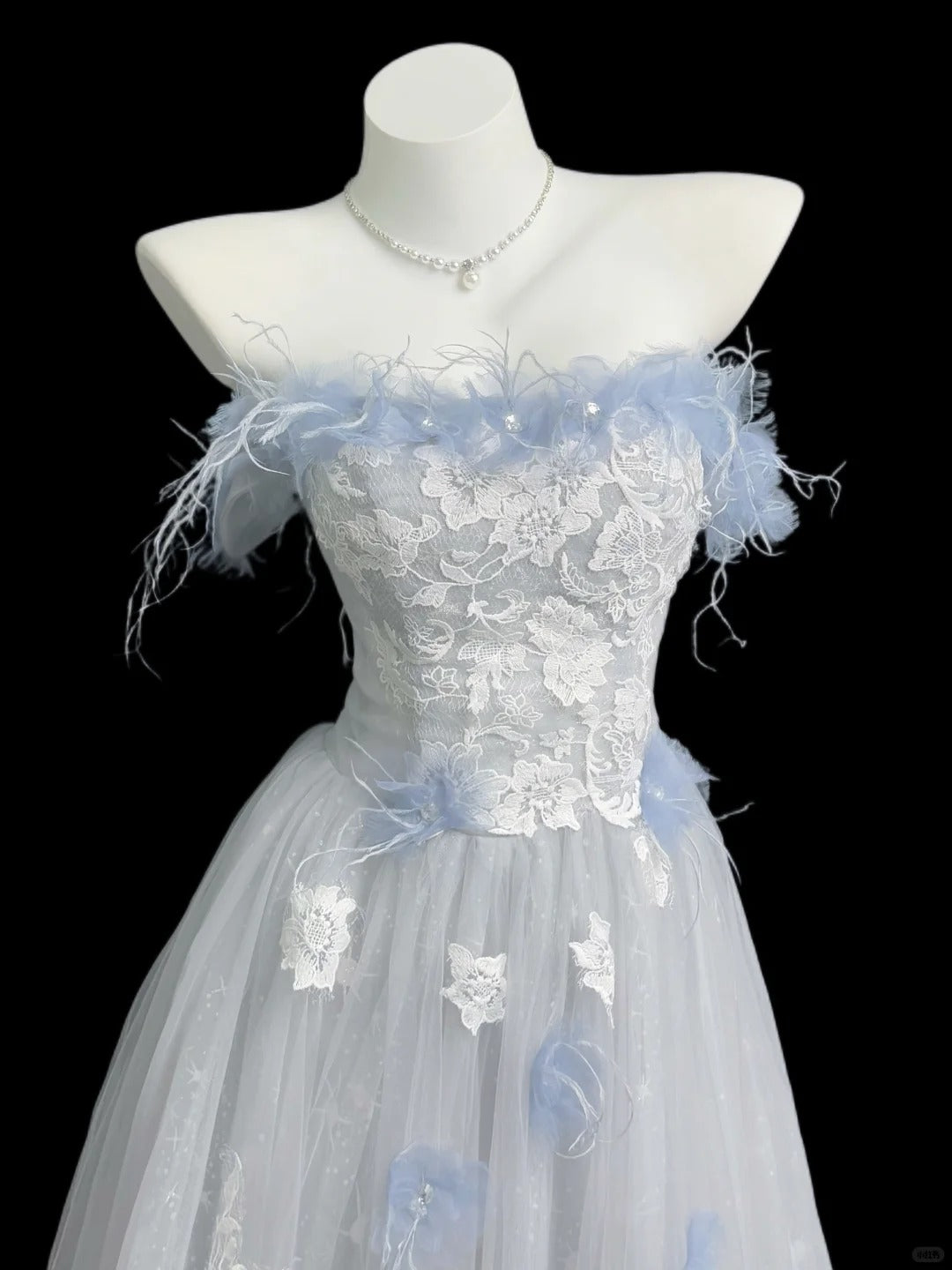 Pretty Light Blue A-Line Strapless Floral Lace Beaded Appliques Tulle Dress Prom Evening Dress L203
