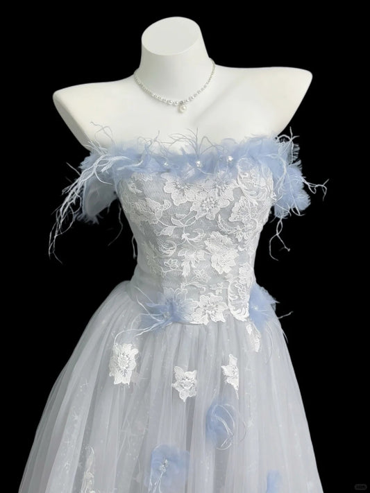 Pretty Light Blue A-Line Strapless Floral Lace Beaded Appliques Tulle Dress Prom Evening Dress L203