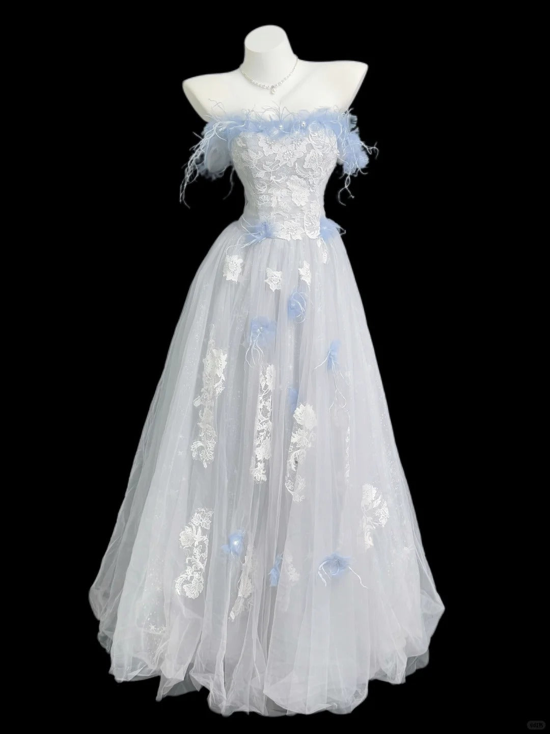 Pretty Light Blue A-Line Strapless Floral Lace Beaded Appliques Tulle Dress Prom Evening Dress L203