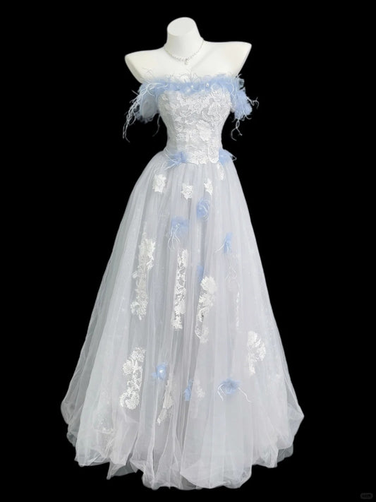 Pretty Light Blue A-Line Strapless Floral Lace Beaded Appliques Tulle Dress Prom Evening Dress L203