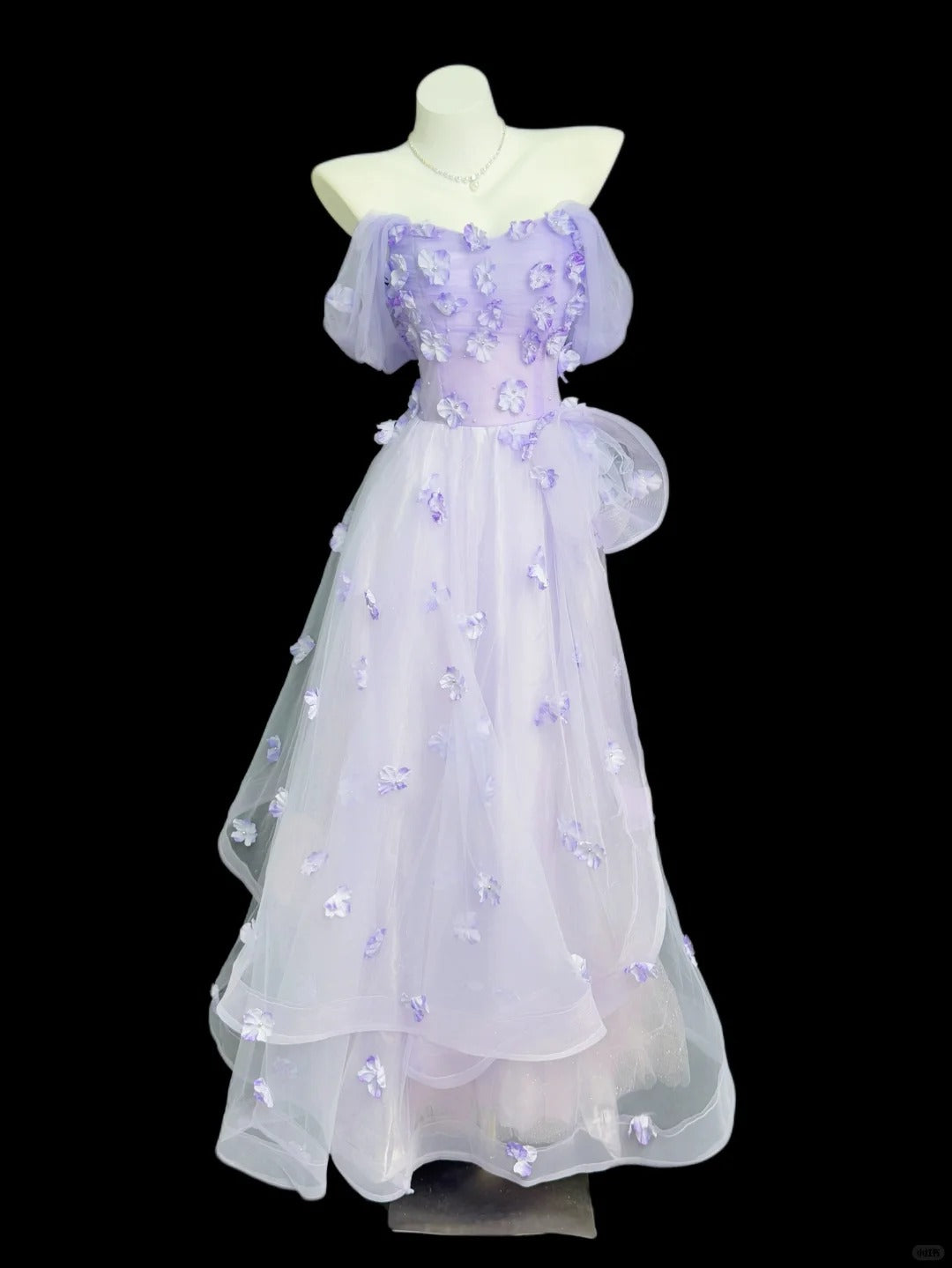 Fairy Purple A-Line Off-The-Shoulder Floral Appliques Tulle Dress Prom Evening Dress L204