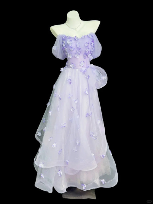 Fairy Purple A-Line Off-The-Shoulder Floral Appliques Tulle Dress Prom Evening Dress L204