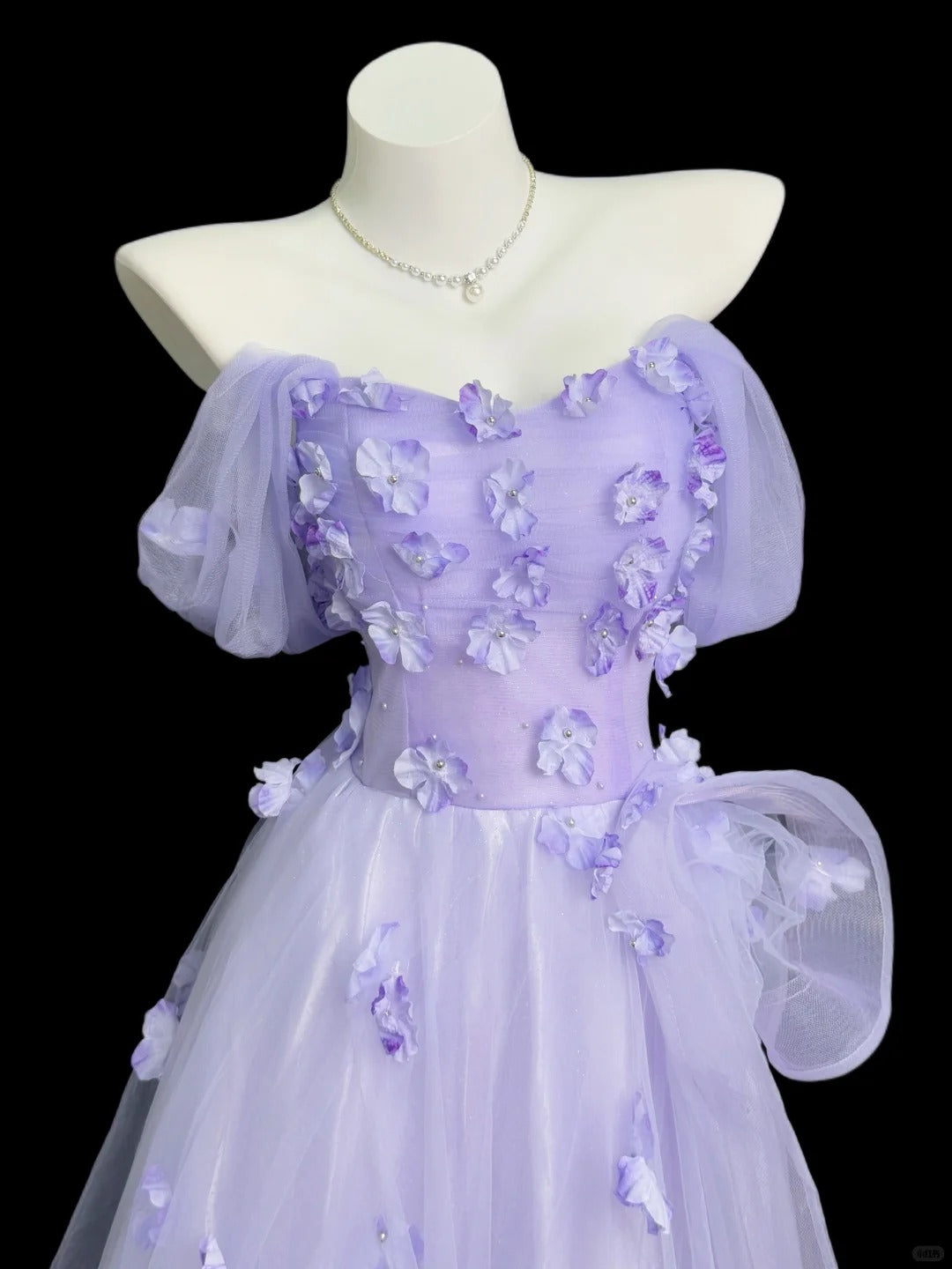 Fairy Purple A-Line Off-The-Shoulder Floral Appliques Tulle Dress Prom Evening Dress L204