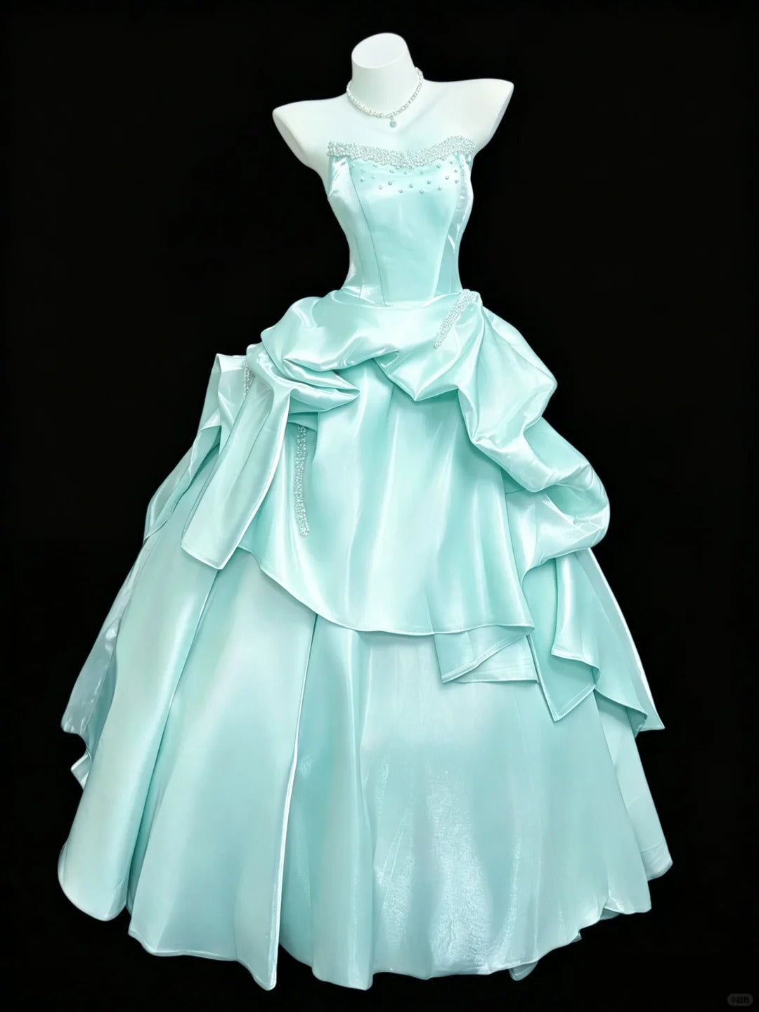 Elegant Mint Green Ball Gown Strapless Pearl Waterfall Draped Satin Prom Quinceanera Dress 16 L205