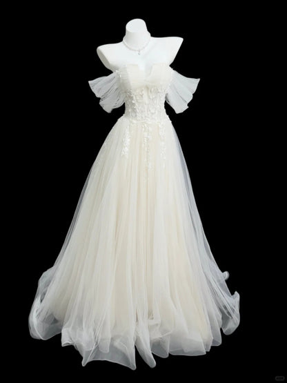 Chic White A-Line Strapless Floral Appliques Tulle Dress Prom Dress Evening Dress L212