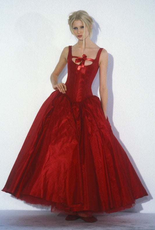 Pretty Red Ball Gown Square Neck Cutout Bow Tulle Dress Prom Evening Dress L215