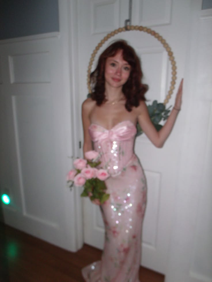 Chic Pink Sheath Sweetheart Floral Print Sequins Corset Tulle Dress Prom Evening Dress L219