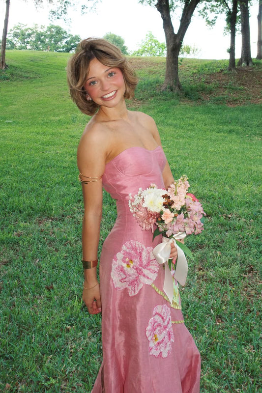 Sweet Pink A-Line Sweetheart Floral Appliques Satin Dress Prom Evening Dress L221