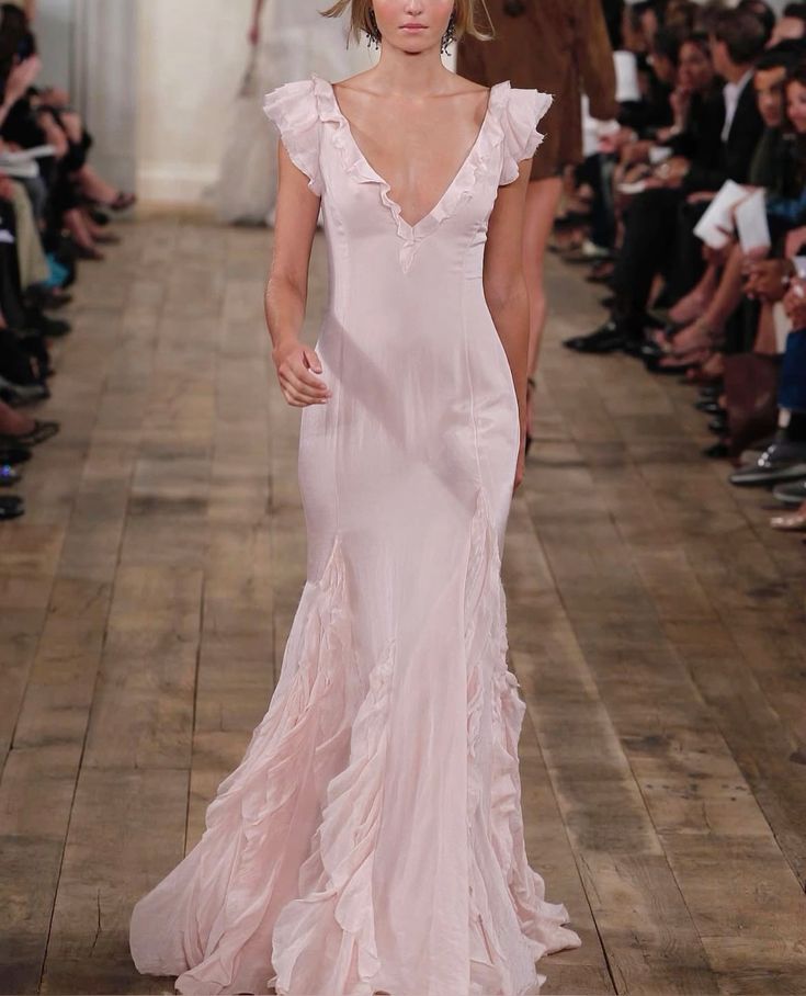 Feminine Light Pink Mermaid  V-Neck Ruffled Chiffon Dress Prom Dress Evening Dress L225
