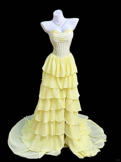Chic Yellow A-Line Sweetheart Lace Embroidery Corset Ruffled Chiffon Dress Prom Evening Dress L227