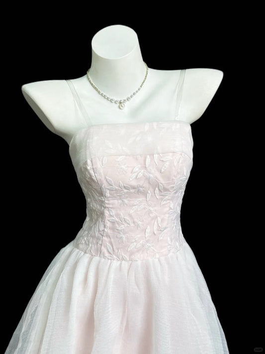 Sweet Light Pink A-Line Spaghetti Strap Lace Embroidery Tulle Dress Prom Evening Dress L228