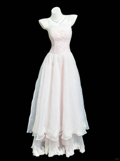 Sweet Light Pink A-Line Spaghetti Strap Lace Embroidery Tulle Dress Prom Evening Dress L228