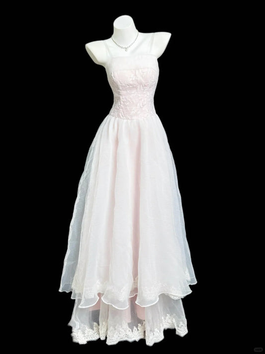 Sweet Light Pink A-Line Spaghetti Strap Lace Embroidery Tulle Dress Prom Evening Dress L228