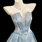 Elegant Light Blue Ball Gown V-Neck Pearl Rhinestone Satin Dress Prom Quinceanera Dress 16 L229