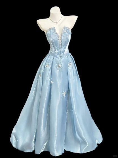 Elegant Light Blue Ball Gown V-Neck Pearl Rhinestone Satin Dress Prom Quinceanera Dress 16 L229