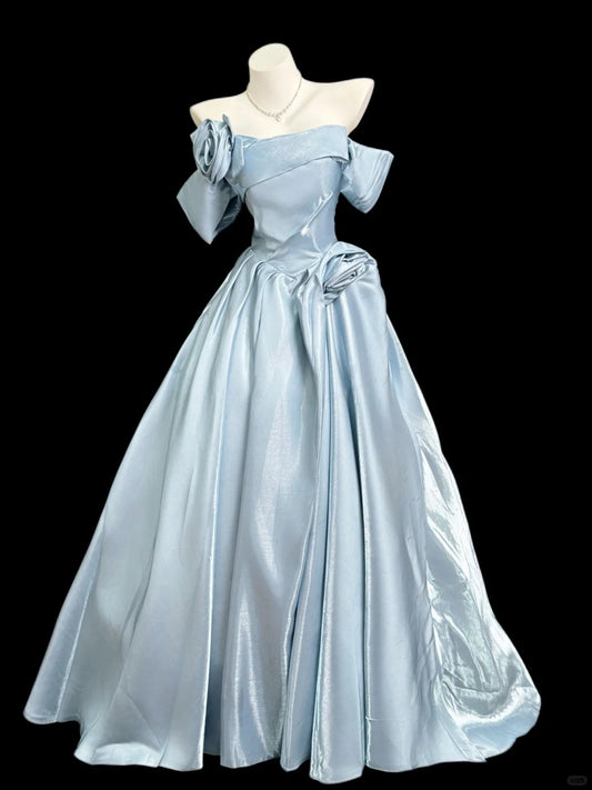 Pretty Light Blue Ball Gown Off-The-Shoulder Handmade Flowers Satin Dress Quinceanera Dress 16 L230