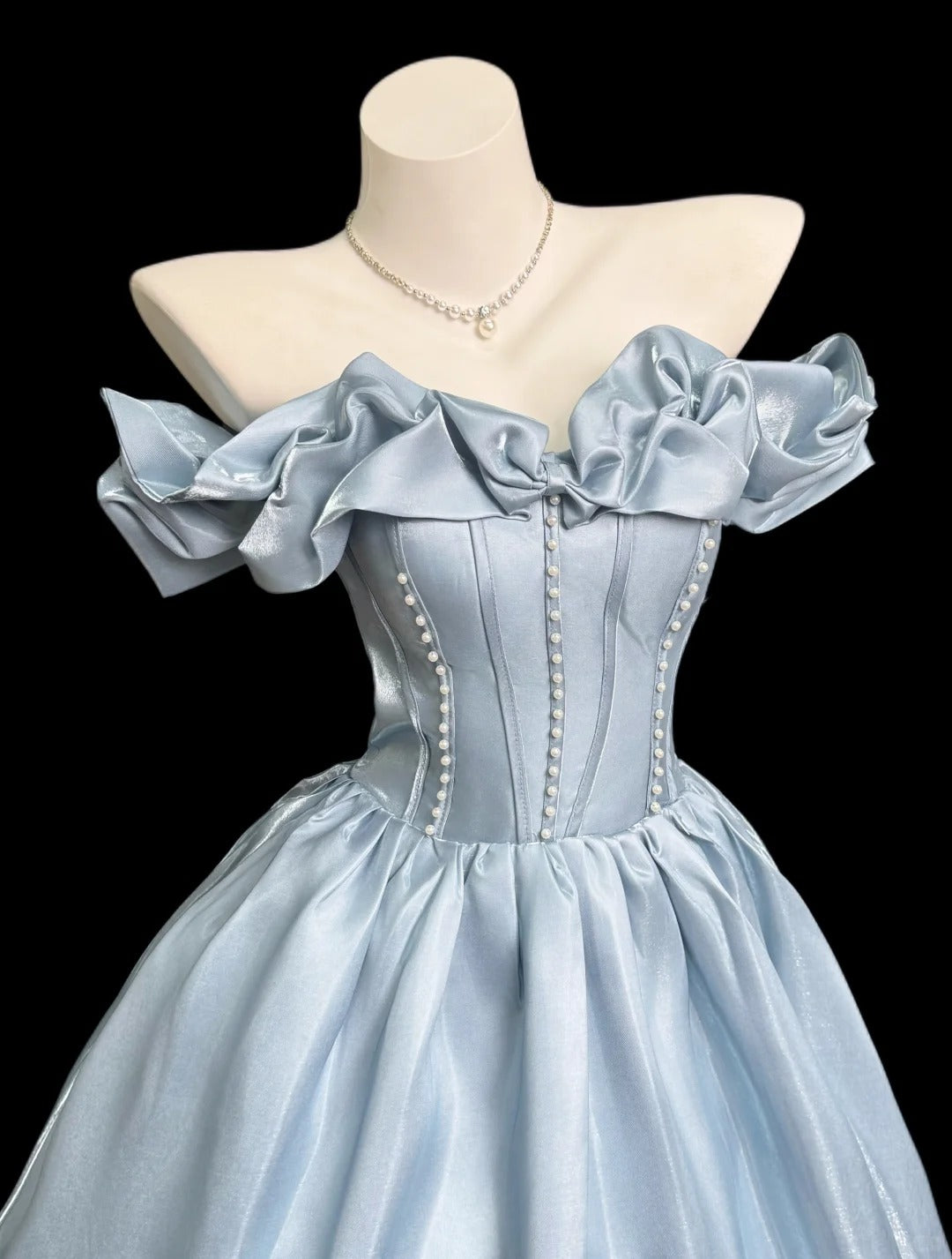 Princess Light Blue Ball Gown Strapless Pearl Corset Satin Dress Quinceanera Dress 16 L231