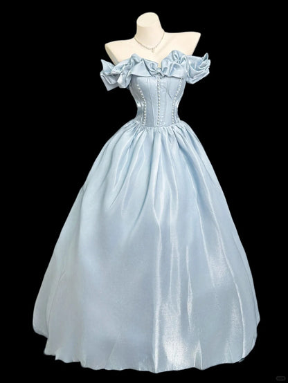 Princess Light Blue Ball Gown Strapless Pearl Corset Satin Dress Quinceanera Dress 16 L231