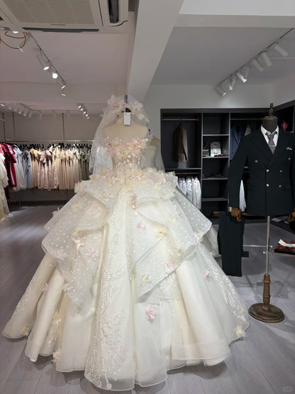 Sweet Ivory Tulle Wedding Dress Strapless Ball Gown Appliques Bow Ballroom Wedding Dress L232