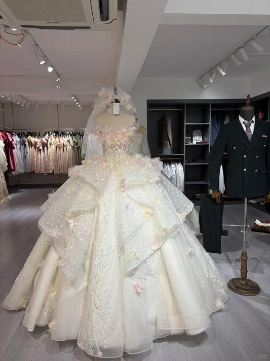 Sweet Ivory Tulle Wedding Dress Strapless Ball Gown Appliques Bow Ballroom Wedding Dress L232