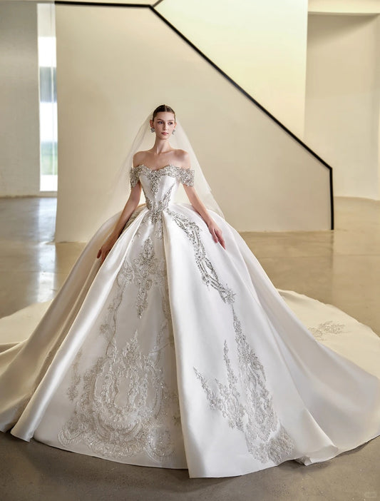 Elegant White Satin Wedding Dress Off-The-Shoulder Ball Gown Appliques Beaded  Ballroom Wedding Dress L233