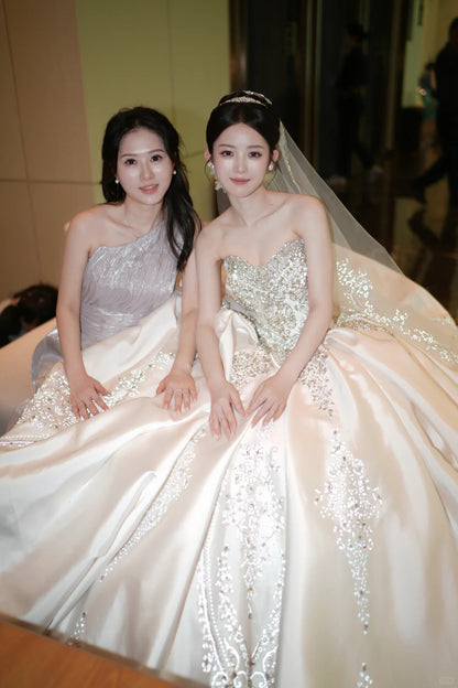 Pretty Champagne Satin Wedding Dress Sweetheart Ball Gwon Rhinestone Ballroom Wedding Dress L235