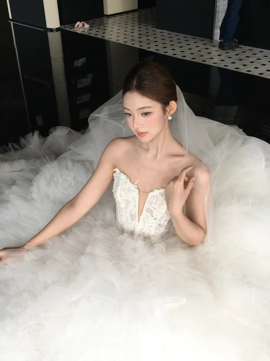 Pretty White Tulle Wedding Dress Sweetheart Ball Gown Bead Lace Garden Wedding Dress L238
