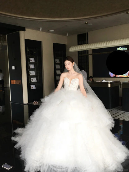 Pretty White Tulle Wedding Dress Sweetheart Ball Gown Bead Lace Garden Wedding Dress L238