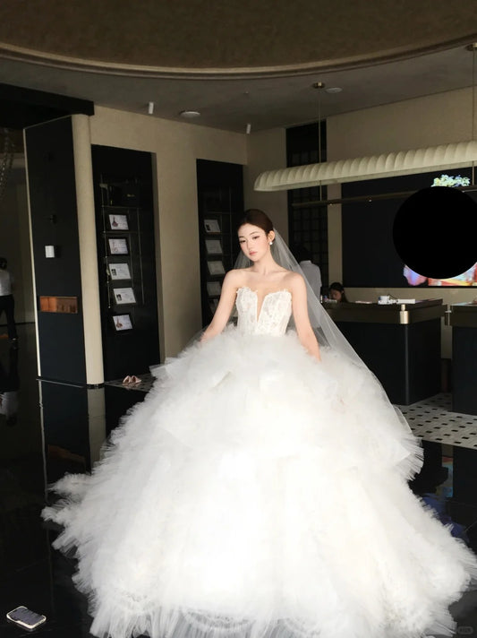 Pretty White Tulle Wedding Dress Sweetheart Ball Gown Bead Lace Garden Wedding Dress L238