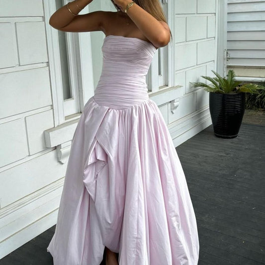 Pretty Pink A-Line Strapless Ruched Crisp Woven Fabric Dress Prom Evening Dress L239