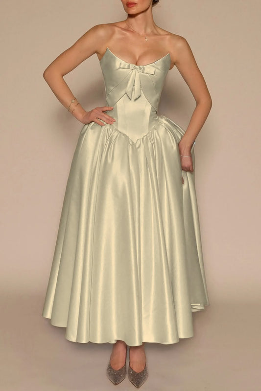 Elegant Sky Blue Ball Gown Strapless Bow Satin Dress Prom Dress Evening Dress L241