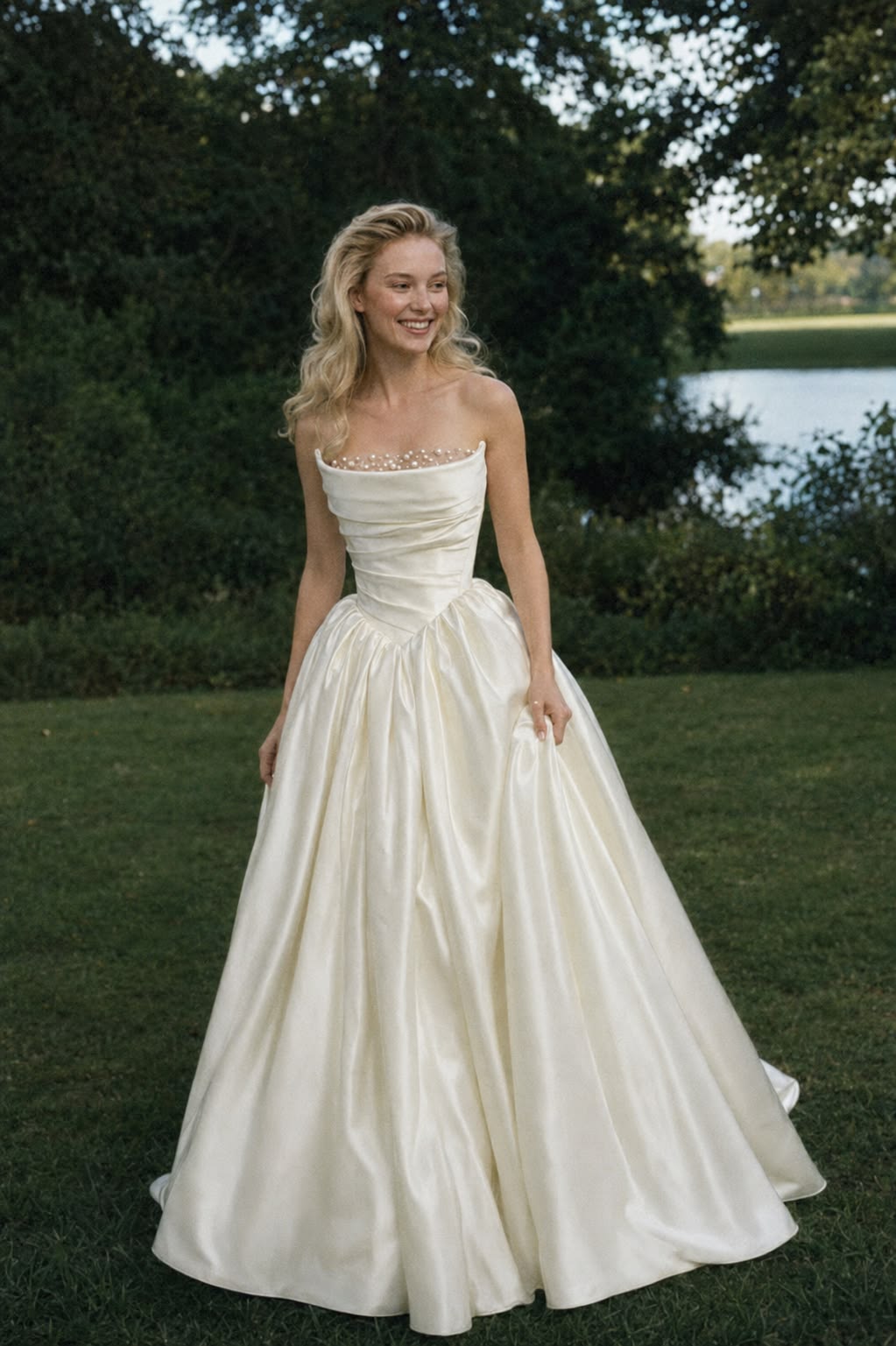 Elegant White Satin Wedding Dress Strapless Ball Gown Pearl Garden Wedding Dress L242