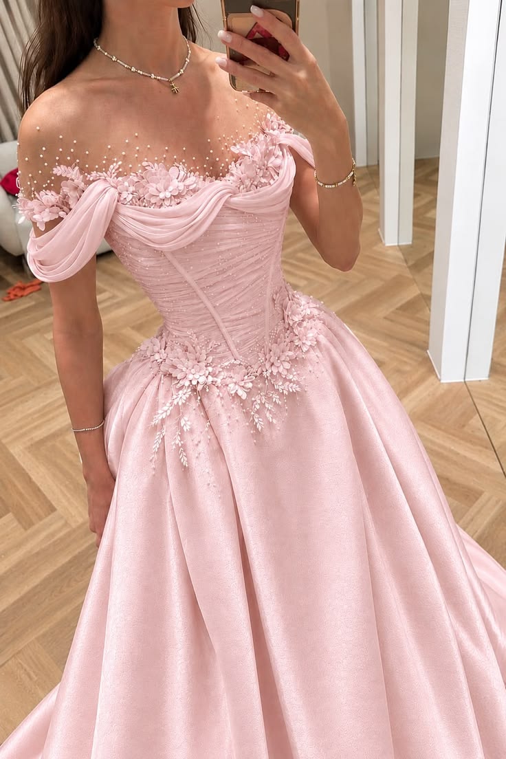 Fairy Pink Ball Gown Off-The-Shoulder Appliques Pearl Satin Dress Quinceanera Dress 16 L247