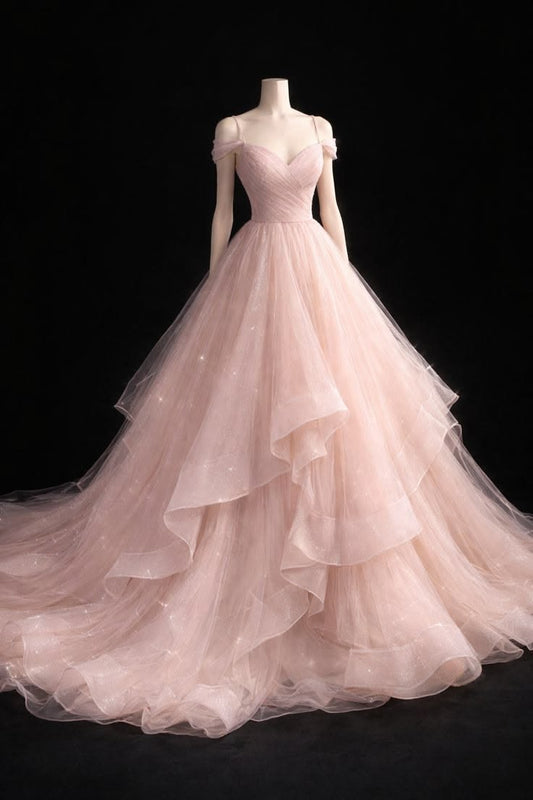 Pretty Light Pink Ball Gown Off-The-Shoulder Ruched Tulle Dress Prom Quinceanera Dress 16 L248