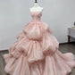 Dreamy Pink Ball Gown Strapless Floral Appliques Tulle Dress Quinceanera Dress 16 L249