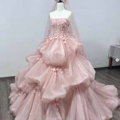 Dreamy Pink Ball Gown Strapless Floral Appliques Tulle Dress Quinceanera Dress 16 L249
